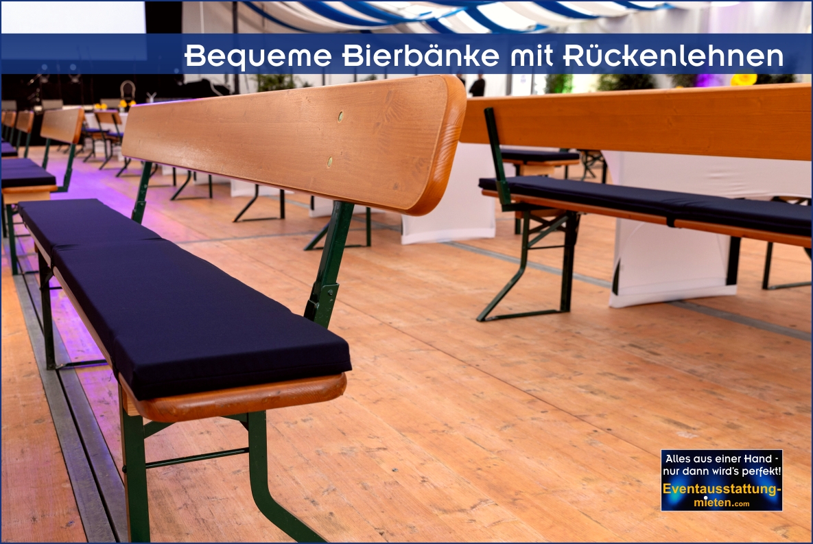 Bierbänke mit Lehne und Sitzpolster mieten Großraum Bayern Bierbank mit Lehne und blauem Sitzpolster