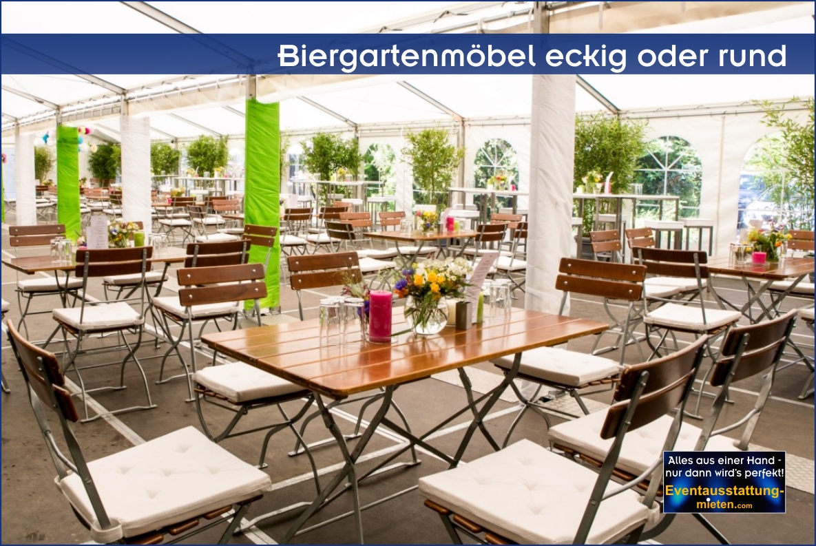 Biergartenmöbel mieten Eventmöbelverleih im Großraum Bayern Biergartenmöbel mit eckigen Tischen in nussbaum lackiert mit cremefarbenen Sitzpolster