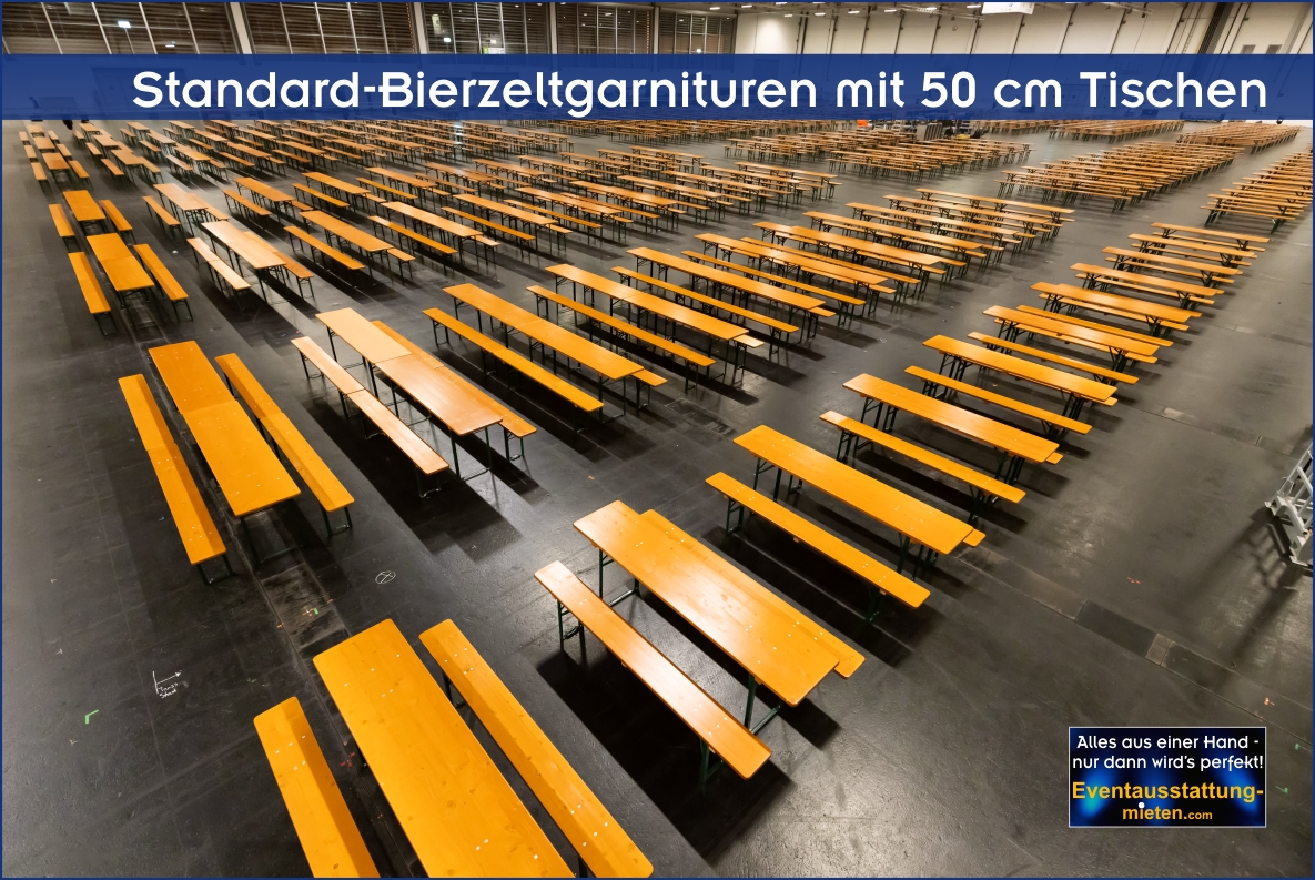 Bierzeltgarnituren für Firmenfest mieten Verleih Bayern Messehalle Augsburg voller Bierzeltgarnituren zum 100-jährigen Firmenjubiäum der BayWa.