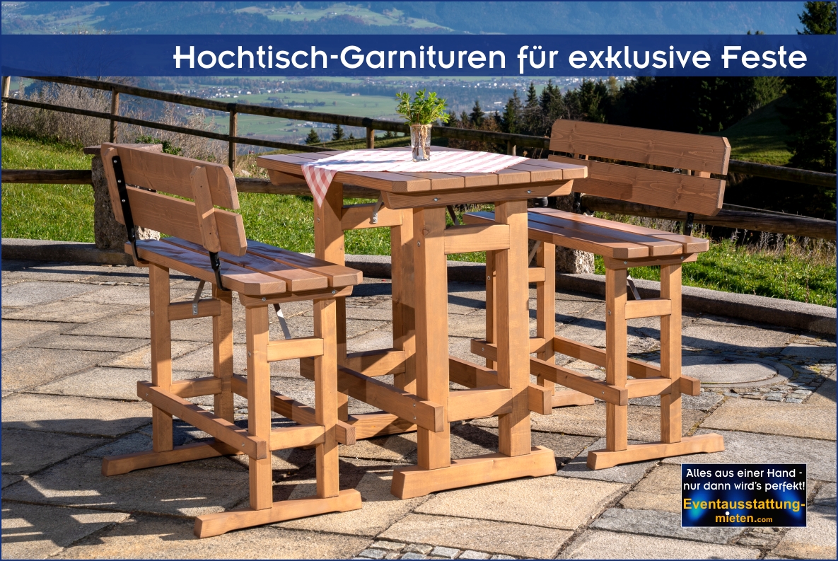 Rustikale Massivholz-Hochtische aus regionalem Holz mieten Hochtischgarnitur auf der Terrasse mit rot-weiß karierter Tischdecke.