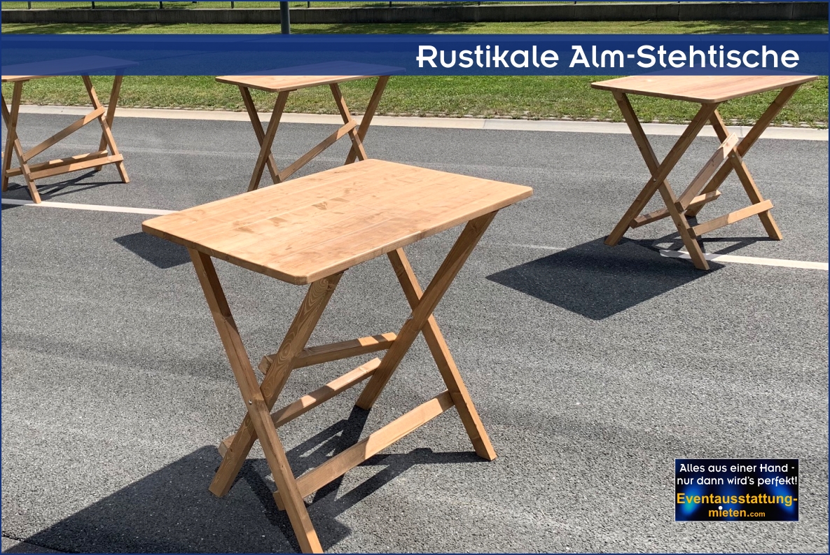 Rustikale Alm-Stehtische mieten Bayern | Almmöbel Holz Rustikale Alm-Stehtische auf der Messe Nürnberg